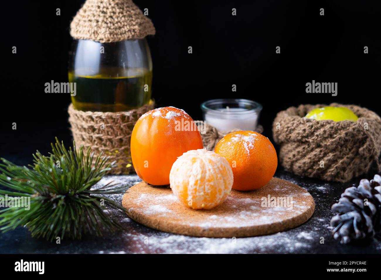 Christmas or New Year composition with fresh tangerines in shopping bag and  word December Stock Photo by paralisart