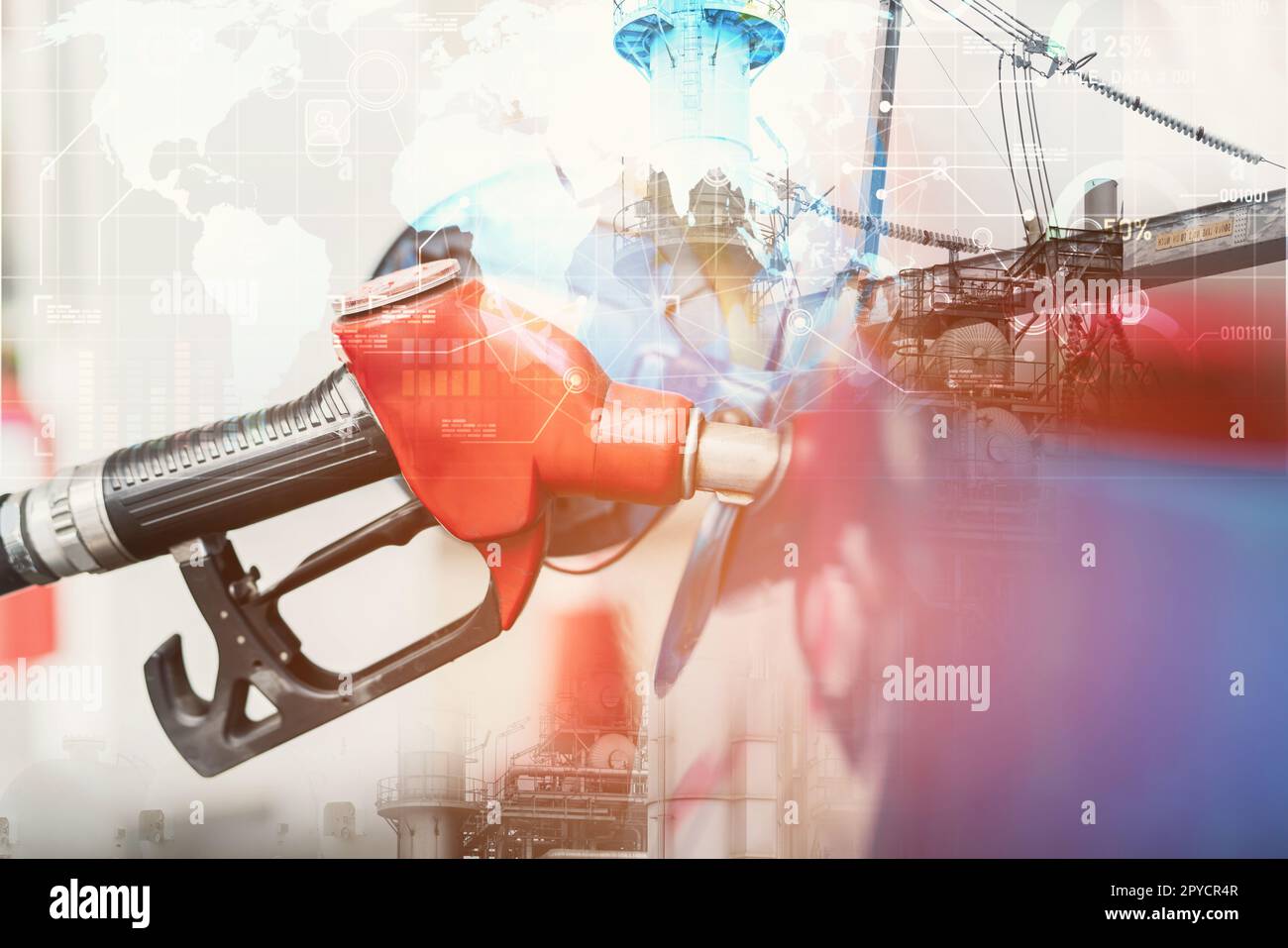 Car fueling at gas station. Refuel fill up with petrol gasoline. Blur petroleum refinery plant and world map background. Petrol industry. Petrol price and oil crisis concept. World oil market concept Stock Photo