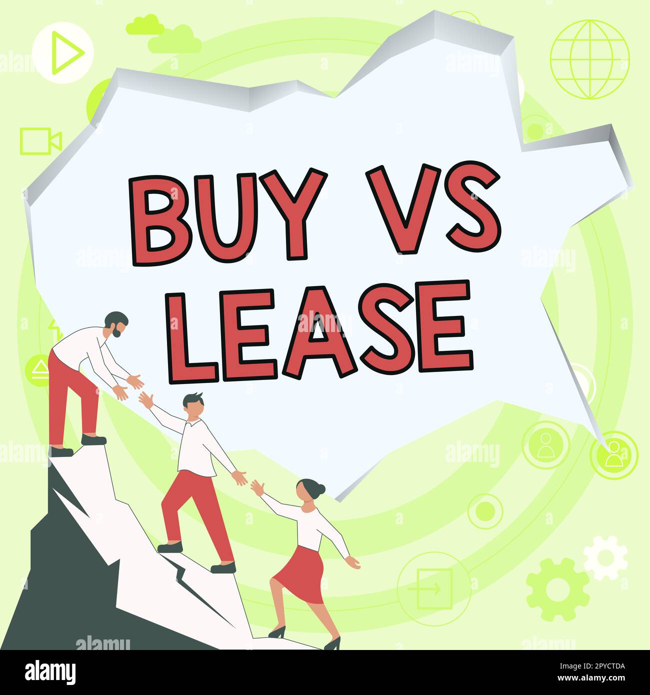 Conceptual caption Buy Vs Lease. Word for Own something versus borrow it Advantages Disadvantages Stock Photo