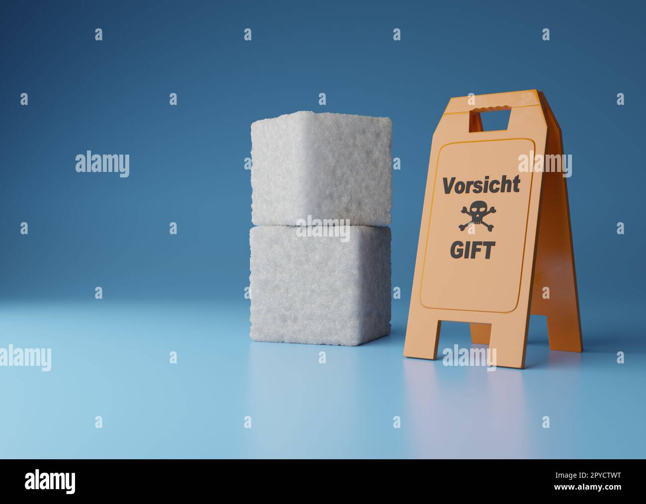 Stacked sugar cubes with a warning sign German Text Caution Poison Stock Photo