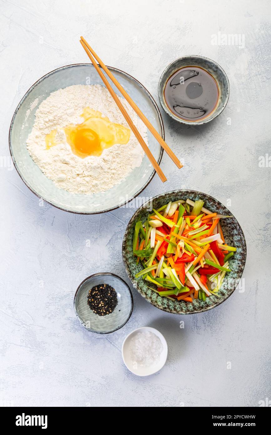 Ingredients for vegetable pancake - Korean pancake, Korean pizza - Asian food style Stock Photo