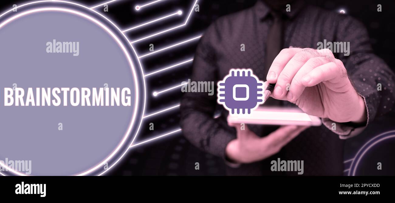 Text sign showing Brainstorming. Word Written on Hold a group