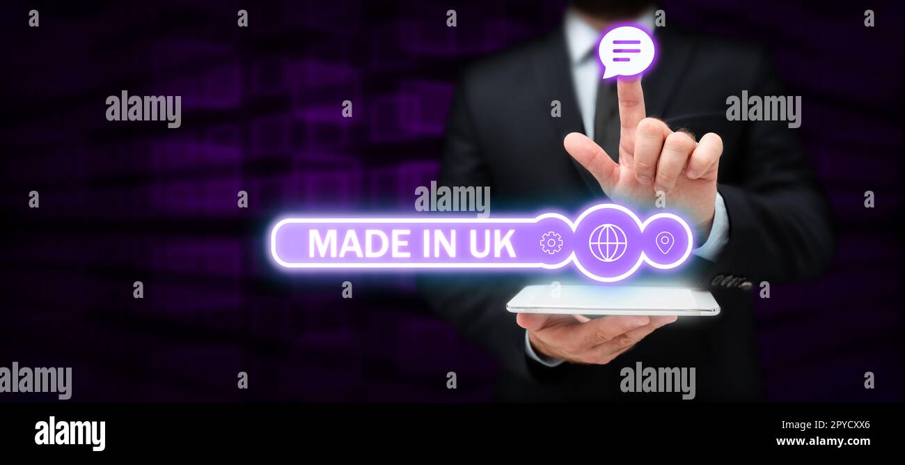 Hand writing sign Made In Uk. Concept meaning Something manufactured in