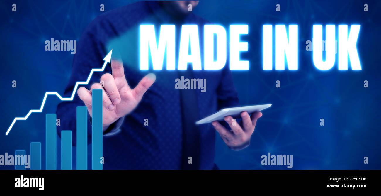 Hand writing sign Made In Uk. Business idea Something manufactured in