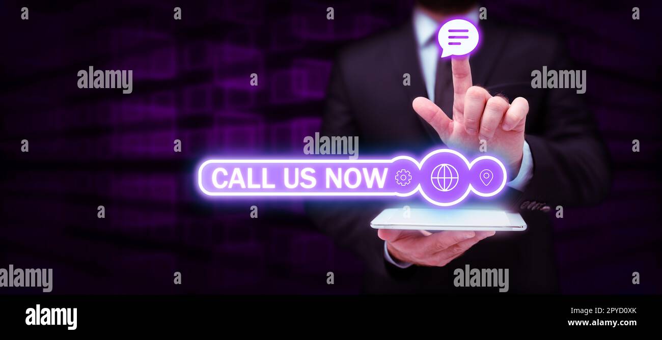 Conceptual display Call Us Now. Word for Communicate by telephone to contact help desk support assistance Stock Photo