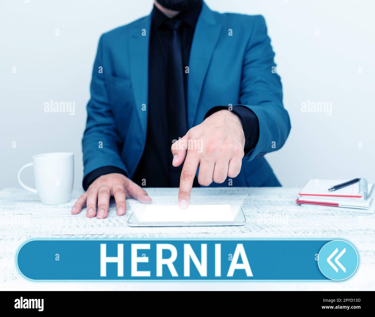 Text caption presenting hernia word written on abnormal exit of tissue