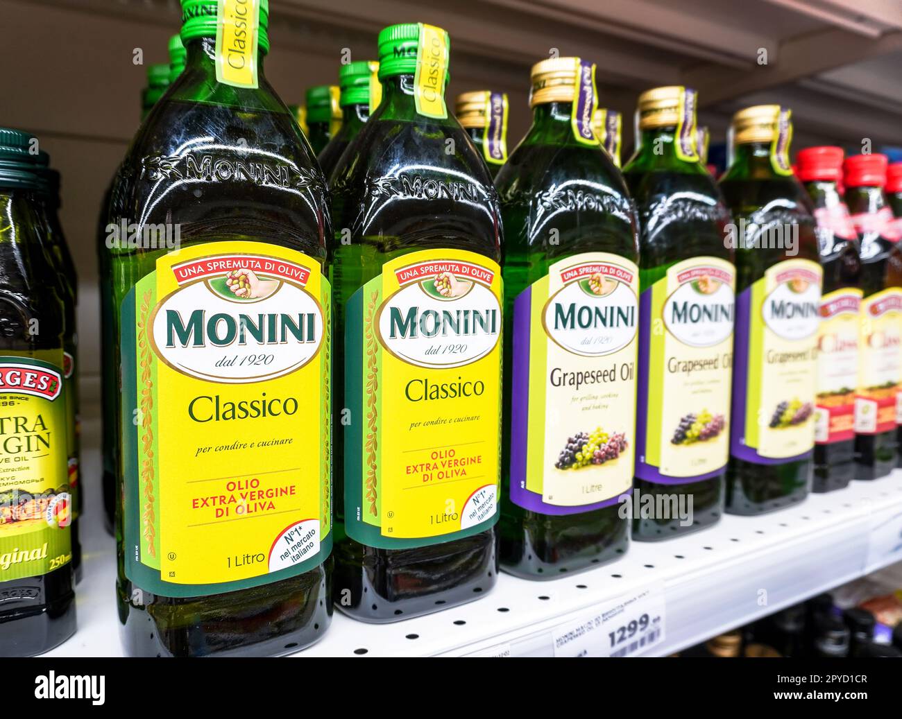 Samara, Russia April 23, 2023 Monini olive and grapeseed oil in