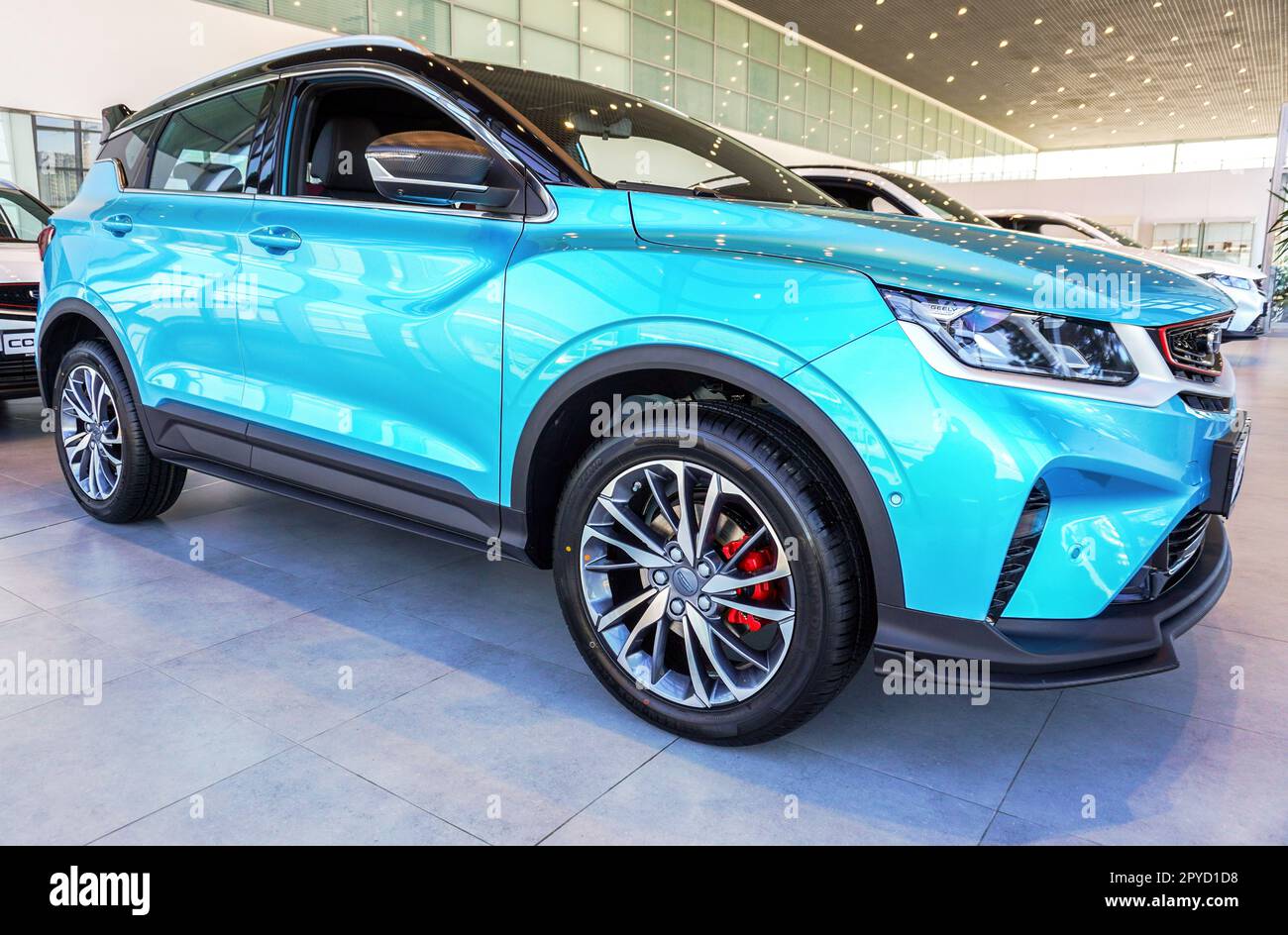 Samara, Russia - April 27, 2023: Geely Coolray chinesian new car inside the official dealer center Stock Photo
