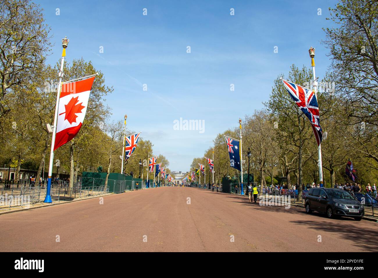London, UK. 03rd May, 2023. As we approach the coronation day of King Charles III on 6th May, all the streets leading to Buckingham Palace and London are preparing for the celebrations, and superfine sand is already being laid on the road to the Palace. Credit: Sinai Noor/Alamy Live News Stock Photo