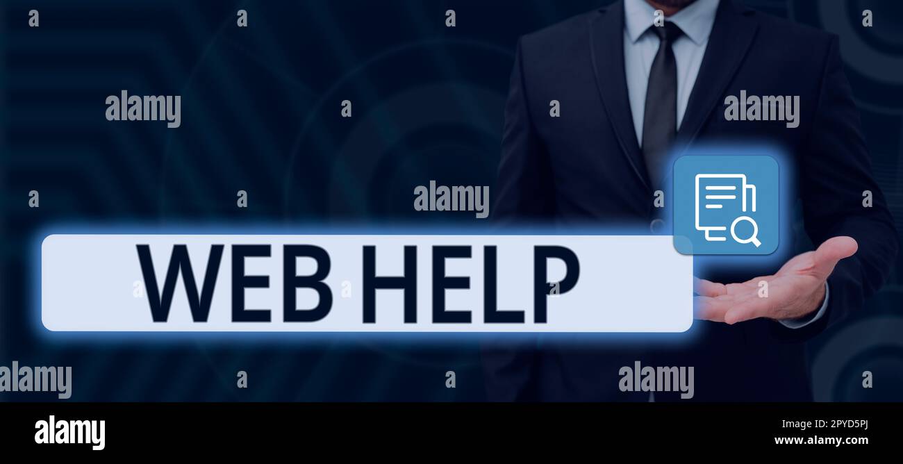 Writing displaying text Web Help. Internet Concept procedural or reference information delivered through computer Stock Photo