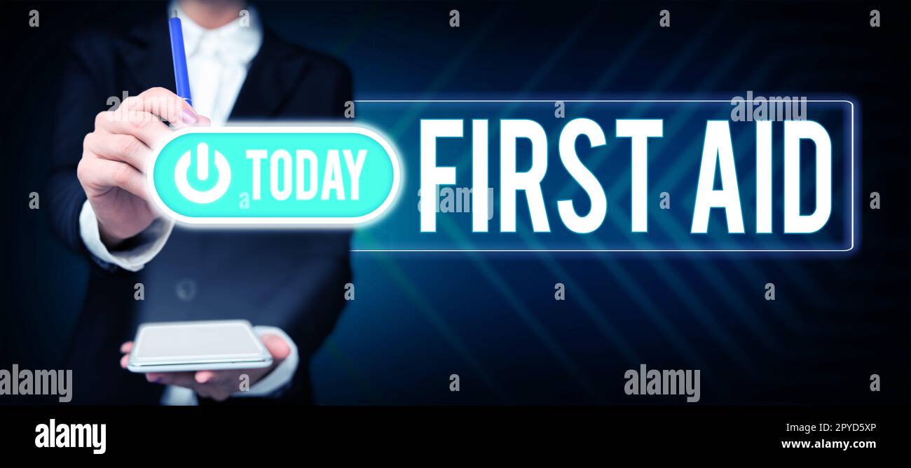 Text caption presenting First Aid. Word for Practise of healing small