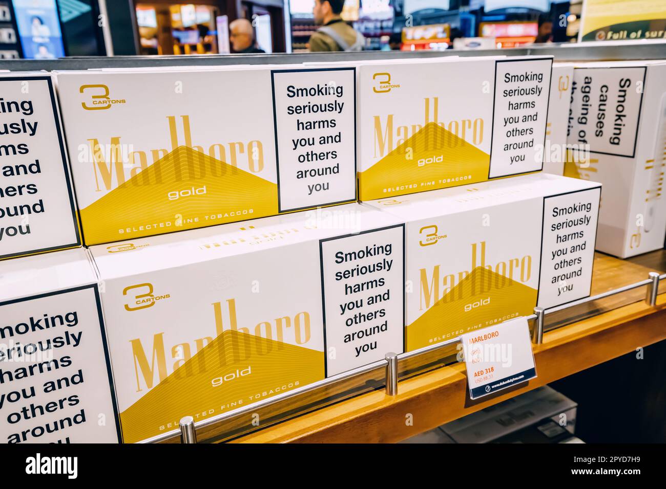 20 January 2023, Dubai, UAE: Marlboro cigarettes for sale in duty free shop with caution about smoking is harmful Stock Photo