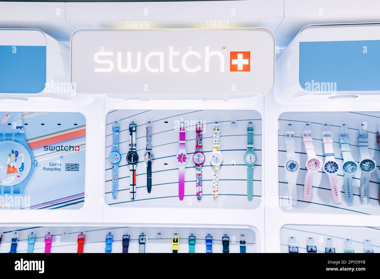 20 January 2023, Dubai, UAE Watches of a famous Swatch swiss brand for