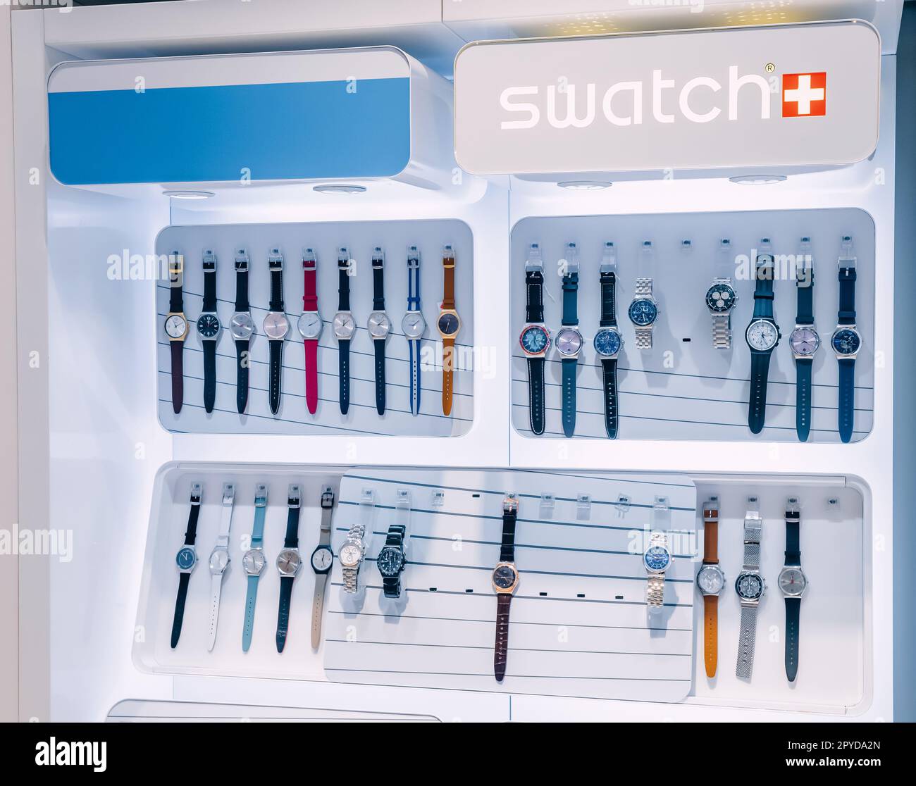20 January 2023, Dubai, UAE Watches of a famous Swatch swiss brand for sale at electronics