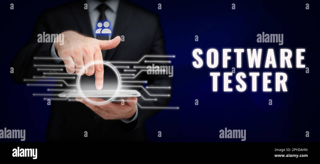 Hand writing sign Software Tester. Business showcase implemented to protect software against malicious attack Stock Photo