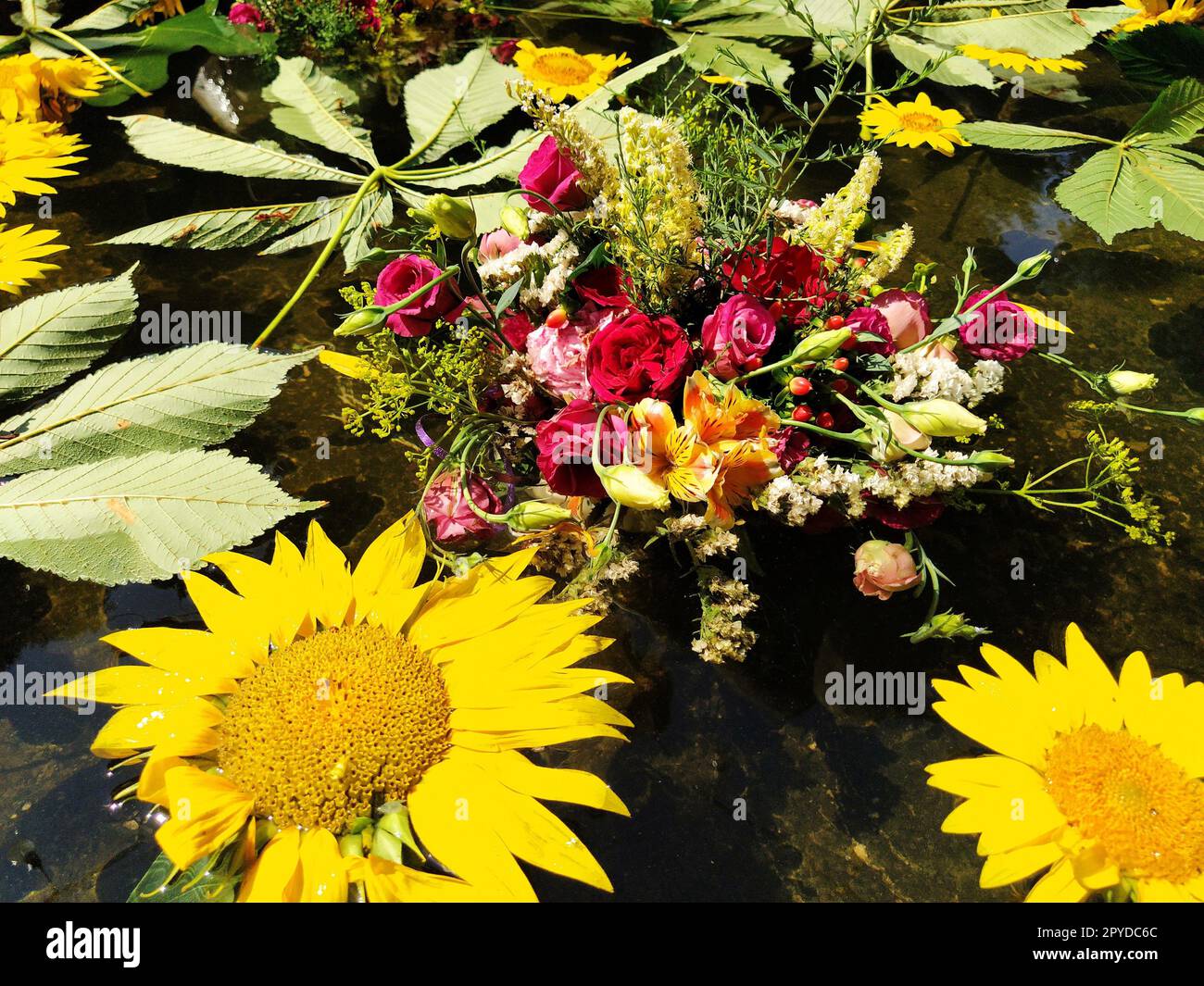 Yellow decorative sunflowers, pink and red roses in a bouquet floating ...