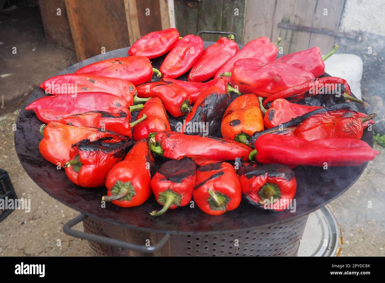 Roasting red peppers for a smoky flavor and quick peeling. Thermal processing of the pepper crop on a metal circle. Brazier container used to burn charcoal fuel for cooking, heating or cultural ritual Stock Photo