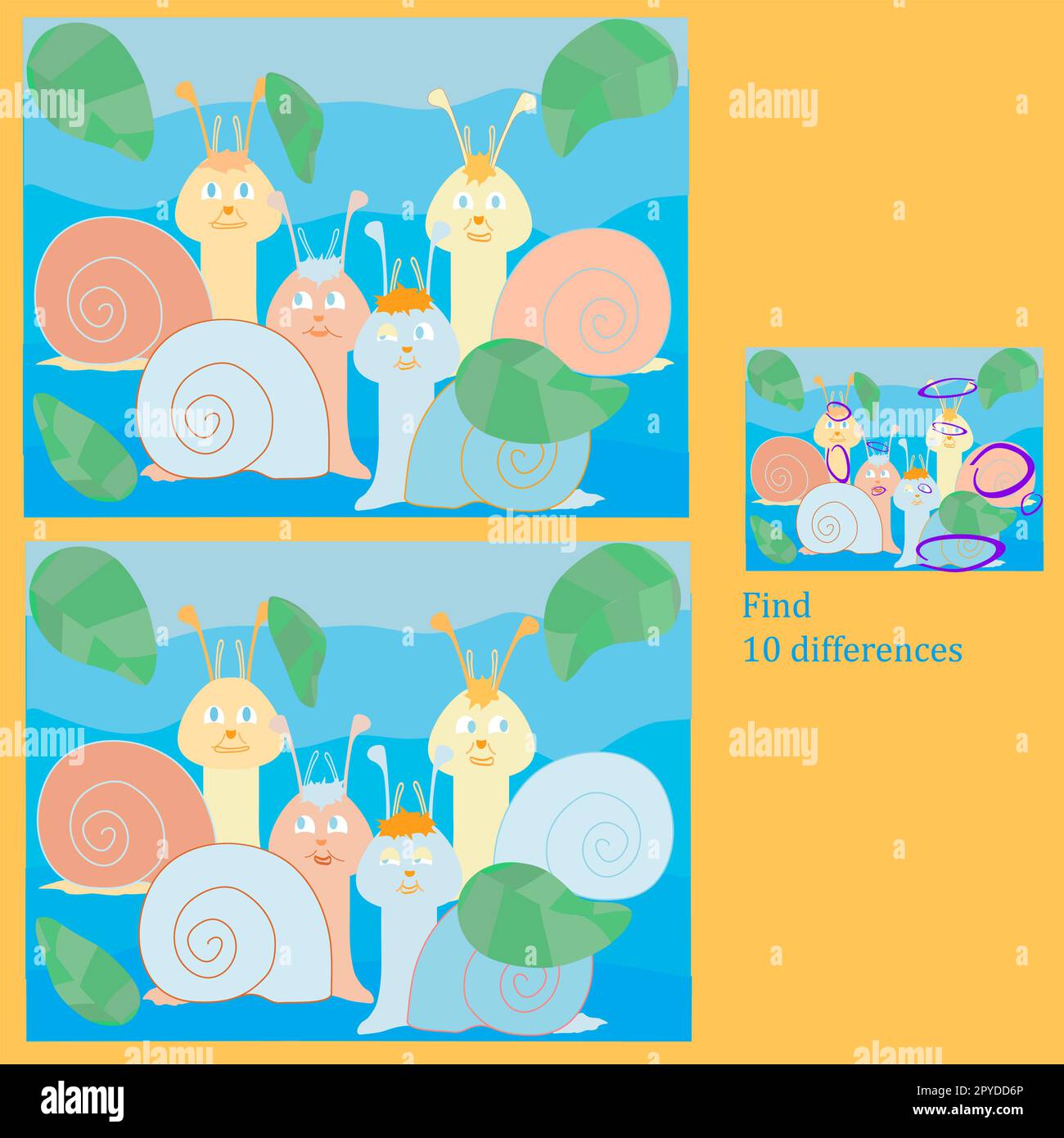 find 10 differences on the snail pictures in the puzzle for children