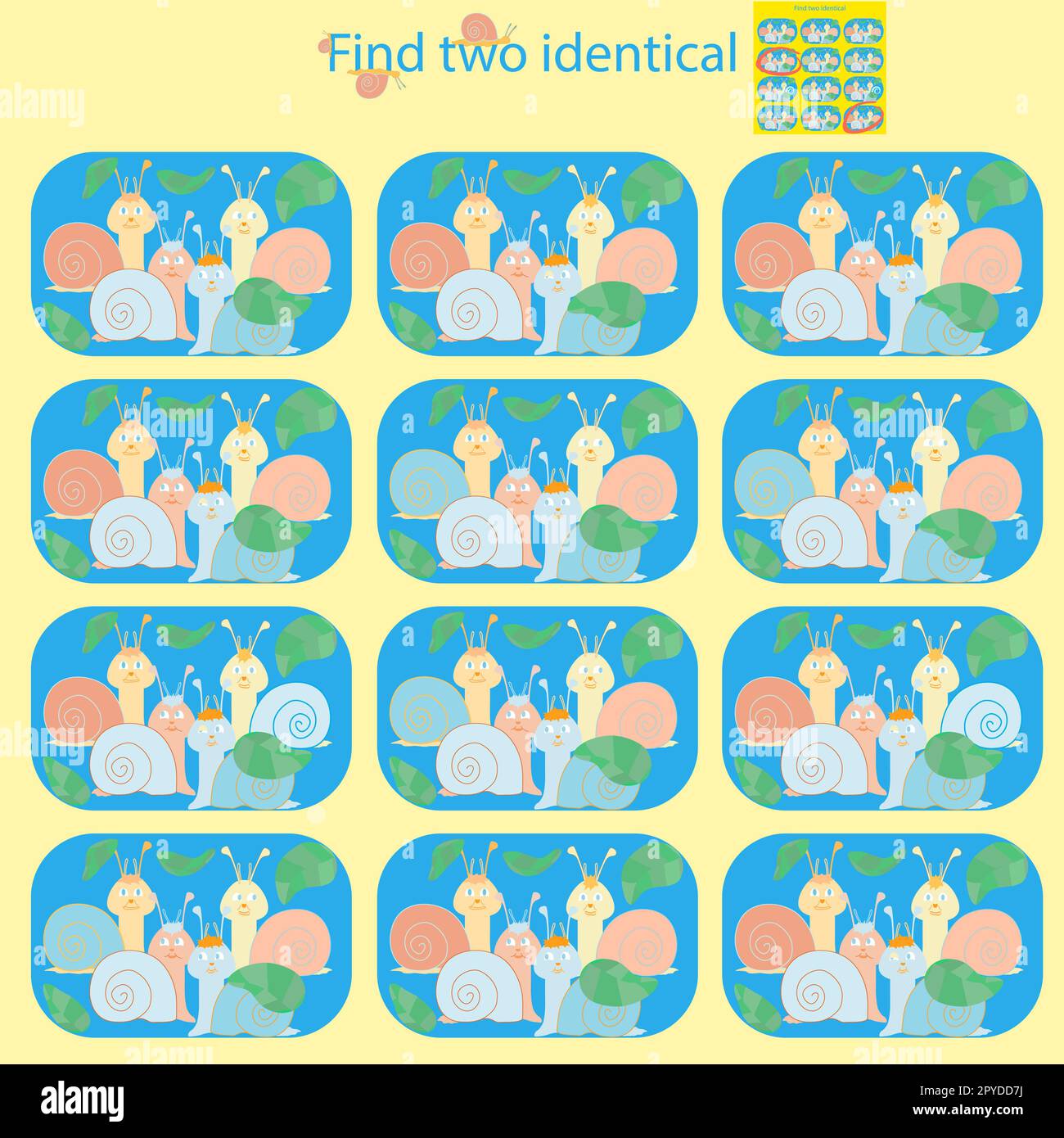 find two identical pictures with snails in a puzzle for children under ...