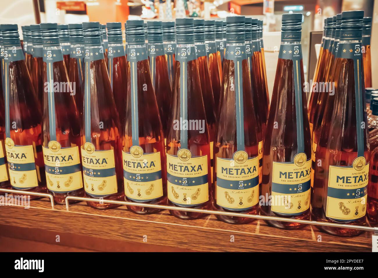 12 January 2023, Izmir, Turkey: Metaxa greek alcohol strong spirit beverage for sale in store Stock Photo