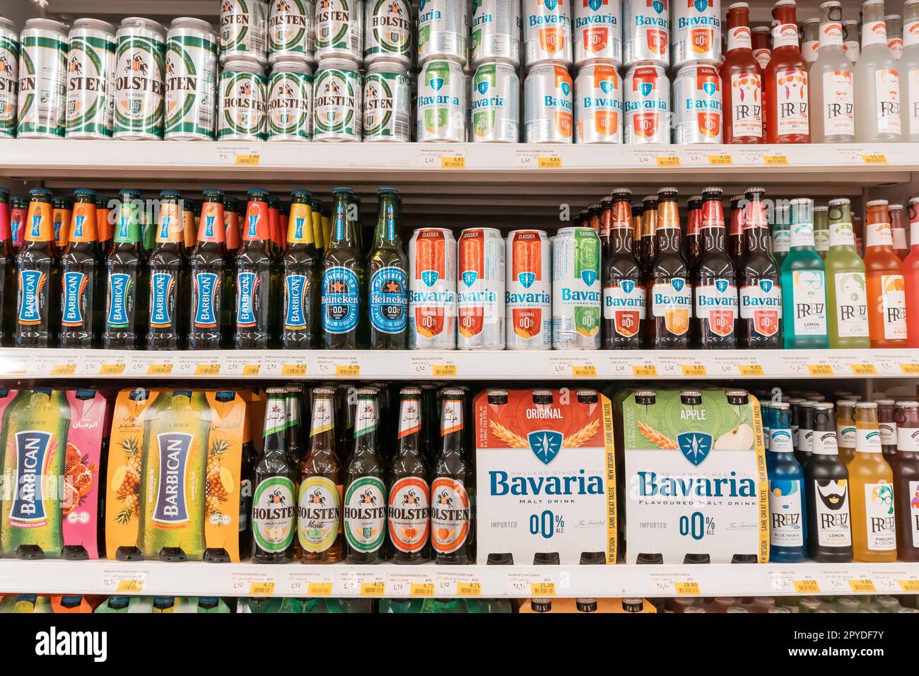 13 January 2023, UAE, Dubai Assortment of Alcohol free beer bottles on