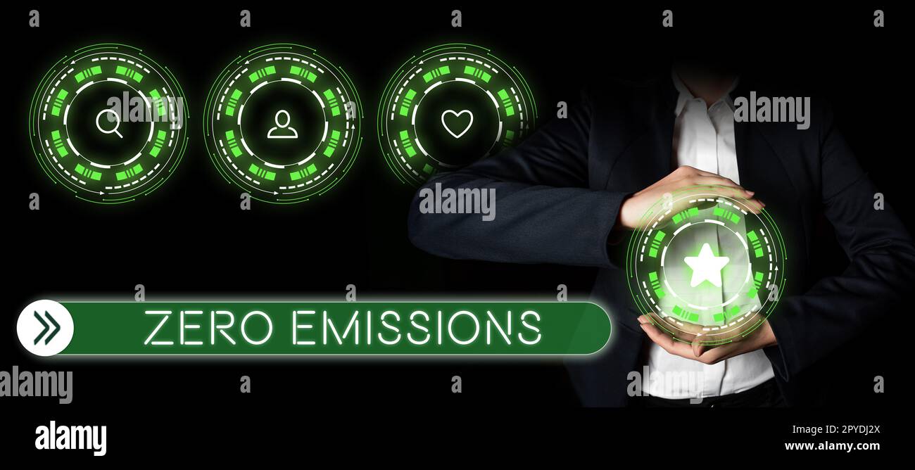 Text caption presenting Zero Emissions. Word for emits no waste products that pollute the environment Stock Photo