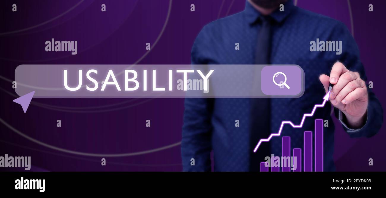 Conceptual display Usability. Word for A word assosiated with how one rates an objects usefulness Stock Photo