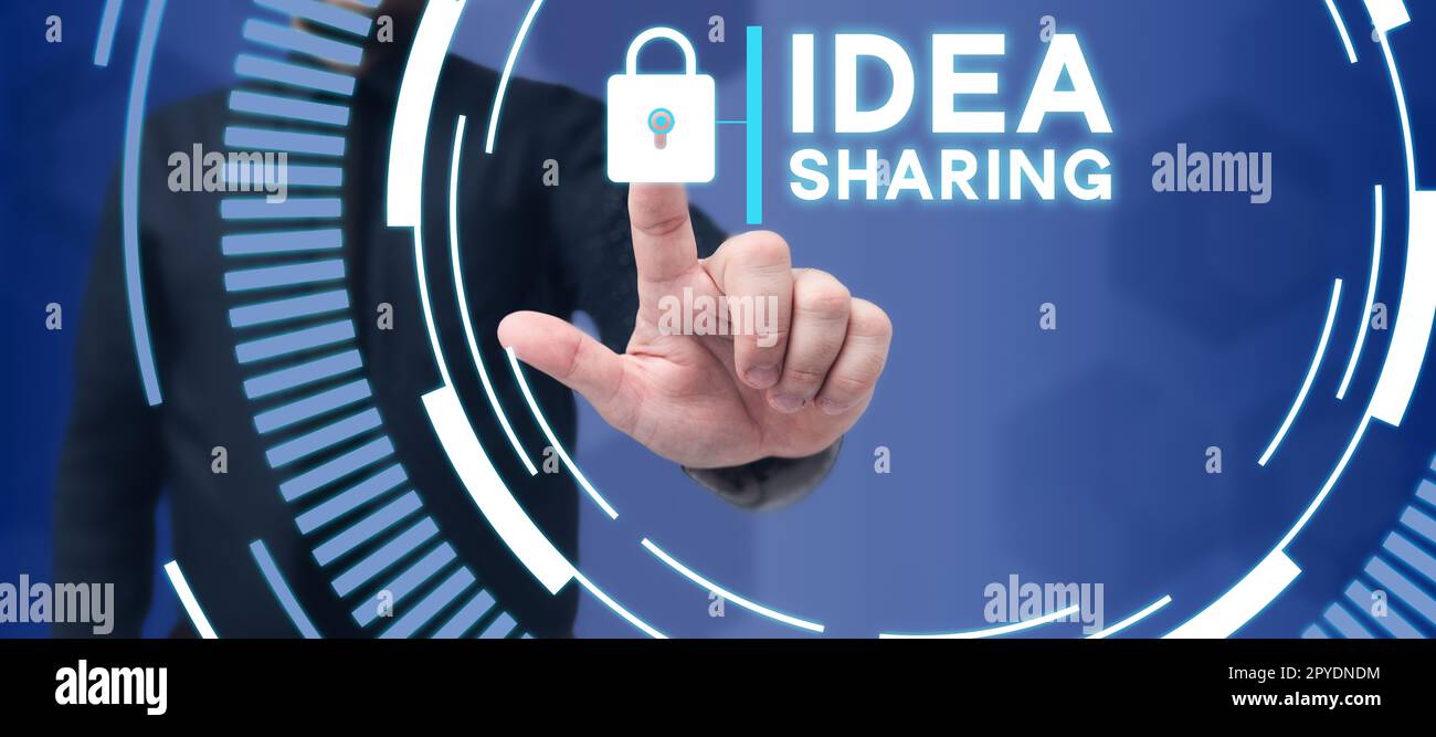 Hand writing sign Idea Sharing. Word for Startup launch innovation product, creative thinking Stock Photo