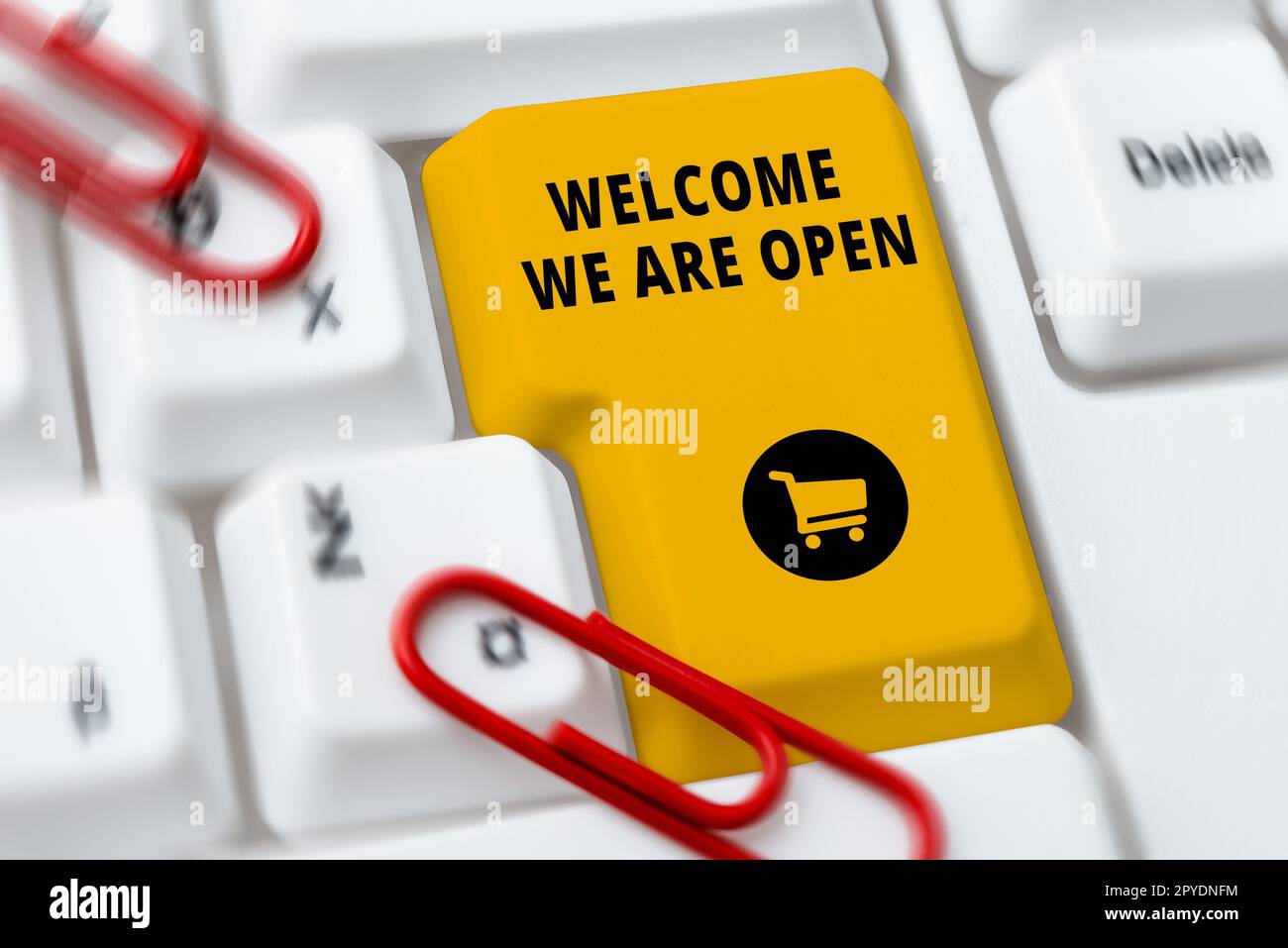 Sign displaying Welcome We Are Open. Word for Greeting making part of a work group new people Stock Photo