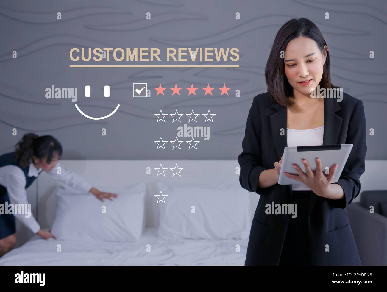 Customer review satisfaction feedback survey concept, User give rating to service experience on tablet computer, evaluate quality of service leading to reputation ranking of hotel business. Stock Photo