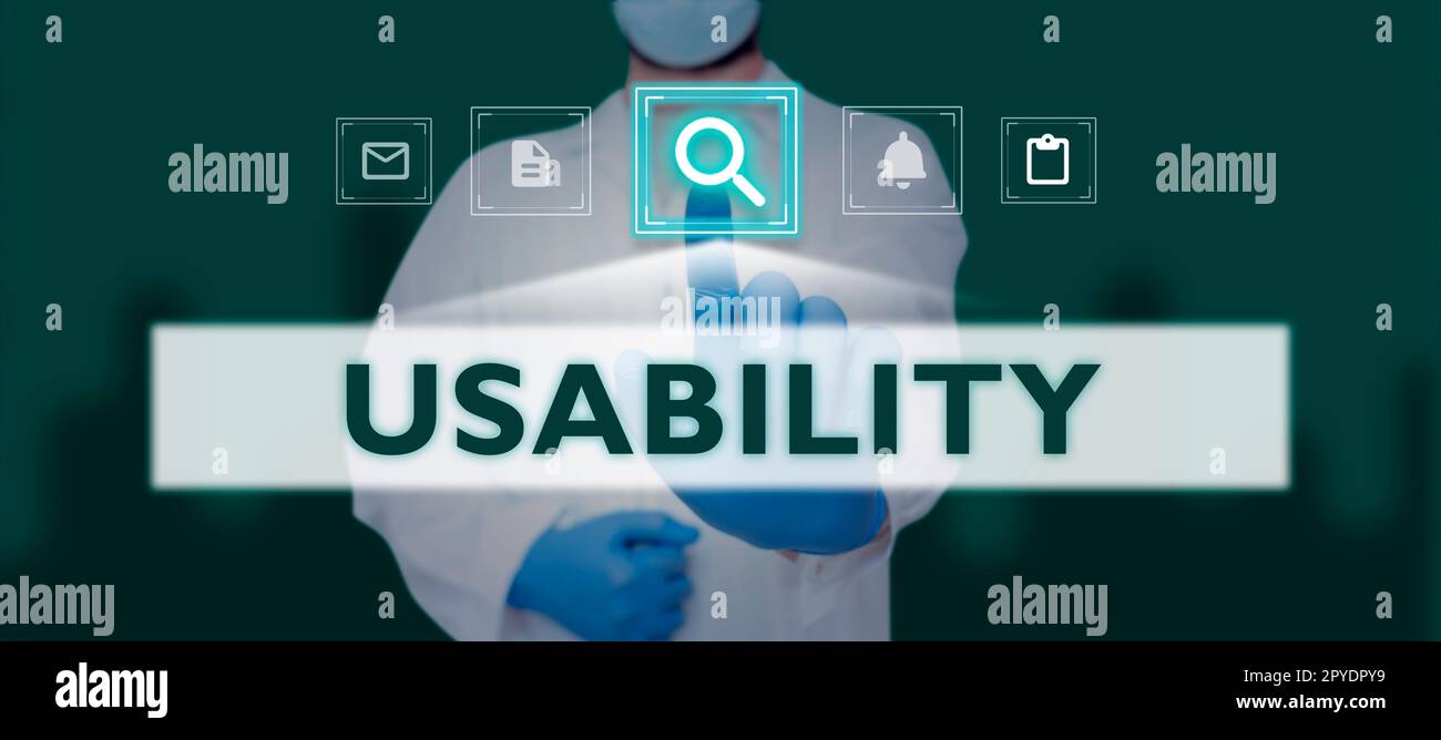 Conceptual display Usability. Word for A word assosiated with how one rates an objects usefulness Stock Photo