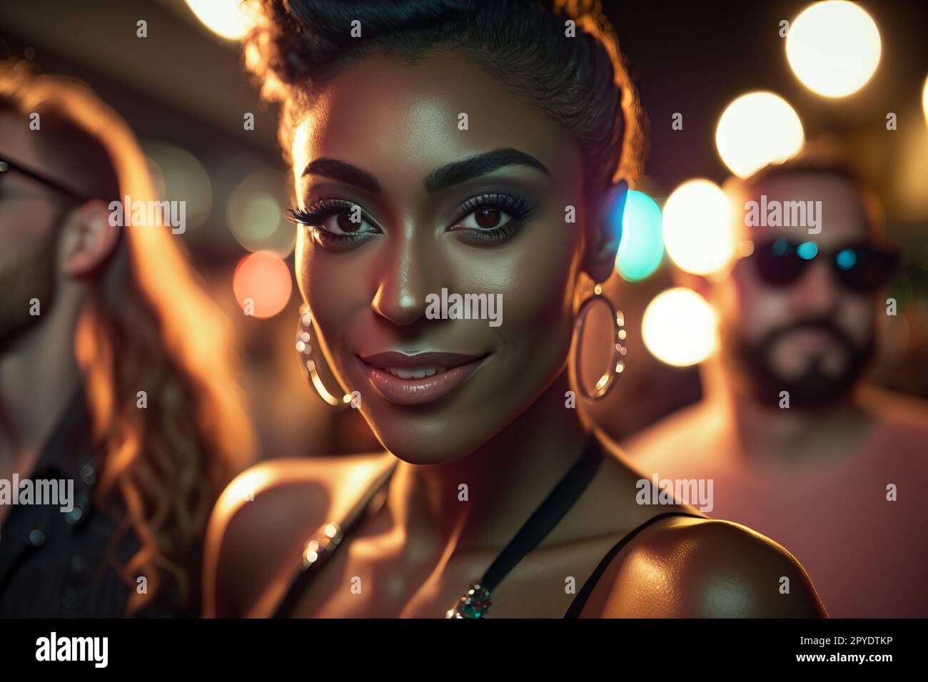 Party girl socializing on a night out. Happy woman smiling, chatting and having fun with friends