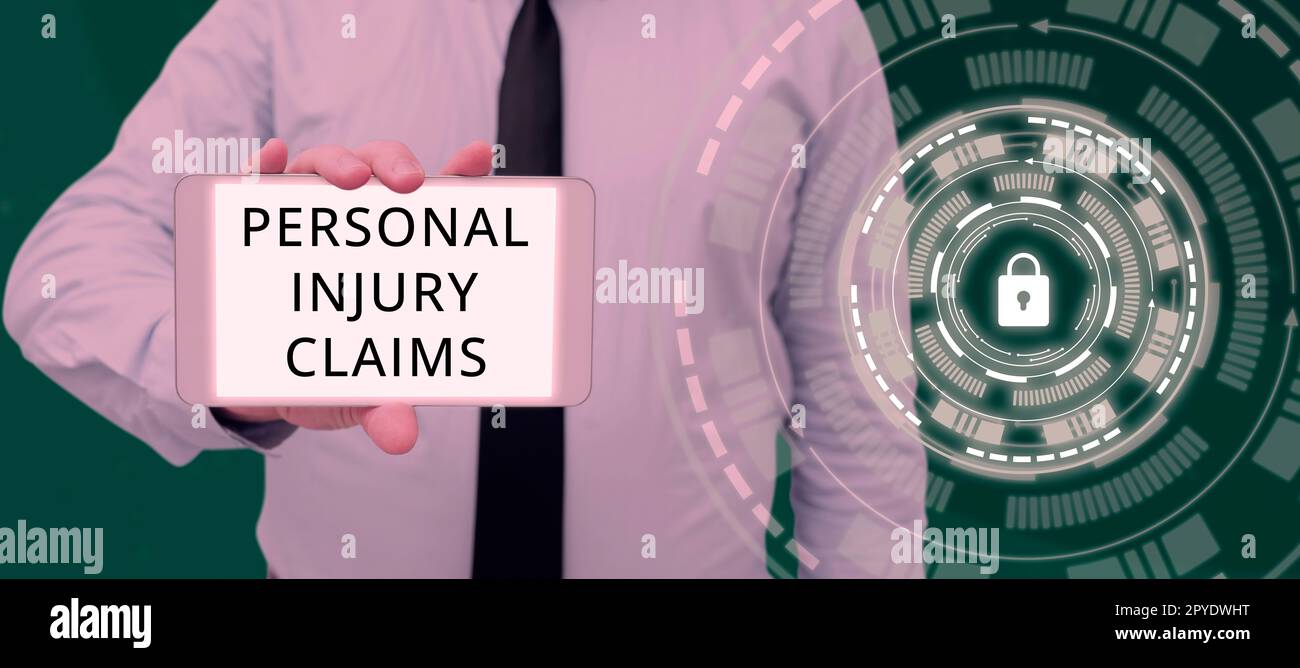 Sign displaying Personal Injury Claims. Word for being hurt or injured inside work environment Stock Photo