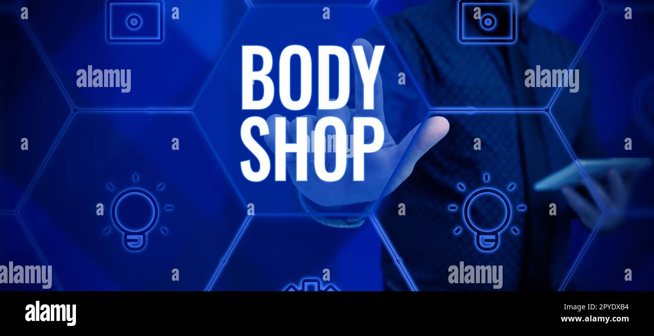 Sign displaying Body Shop. Word Written on a shop where automotive bodies are made or repaired Stock Photo