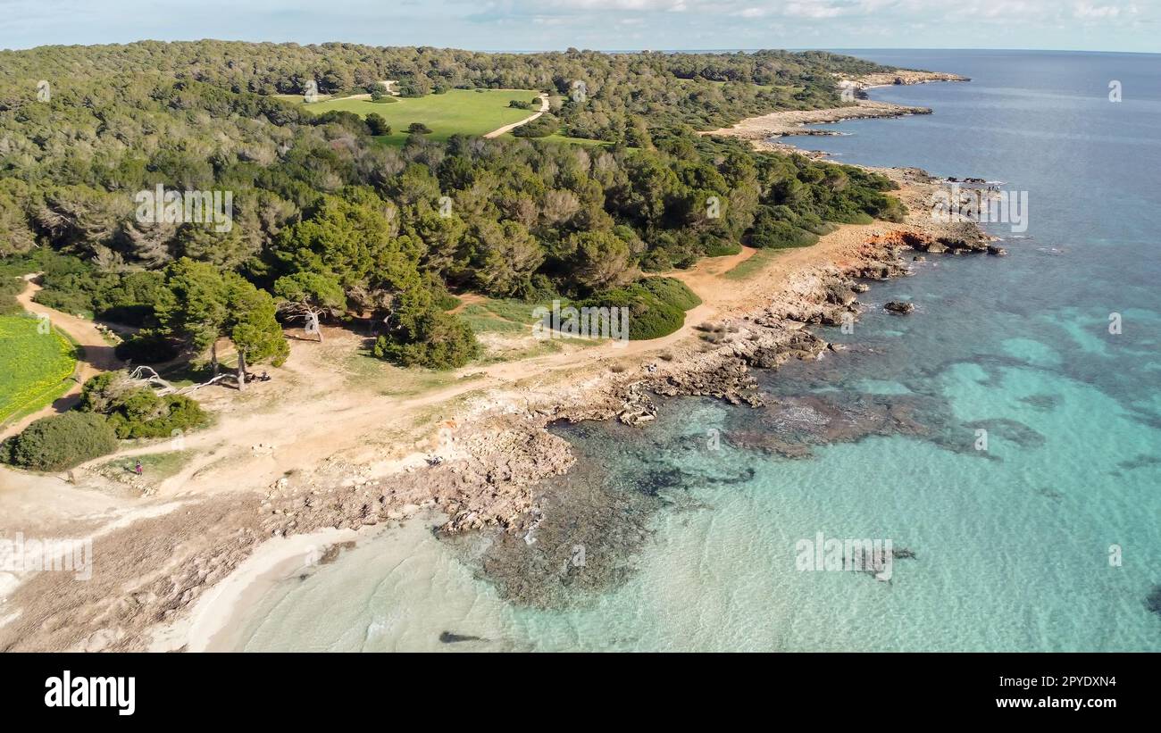aerial view natural paradise beach in the mediterranean, sa Coma Majorca, Balearic Islands Stock Photo
