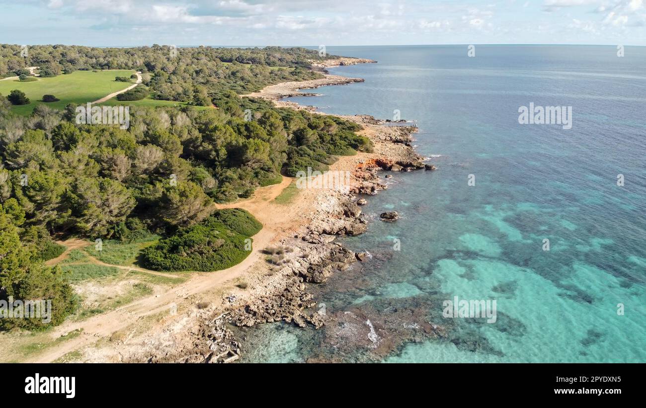 aerial view natural paradise beach in the mediterranean, sa Coma Majorca, Balearic Islands Stock Photo