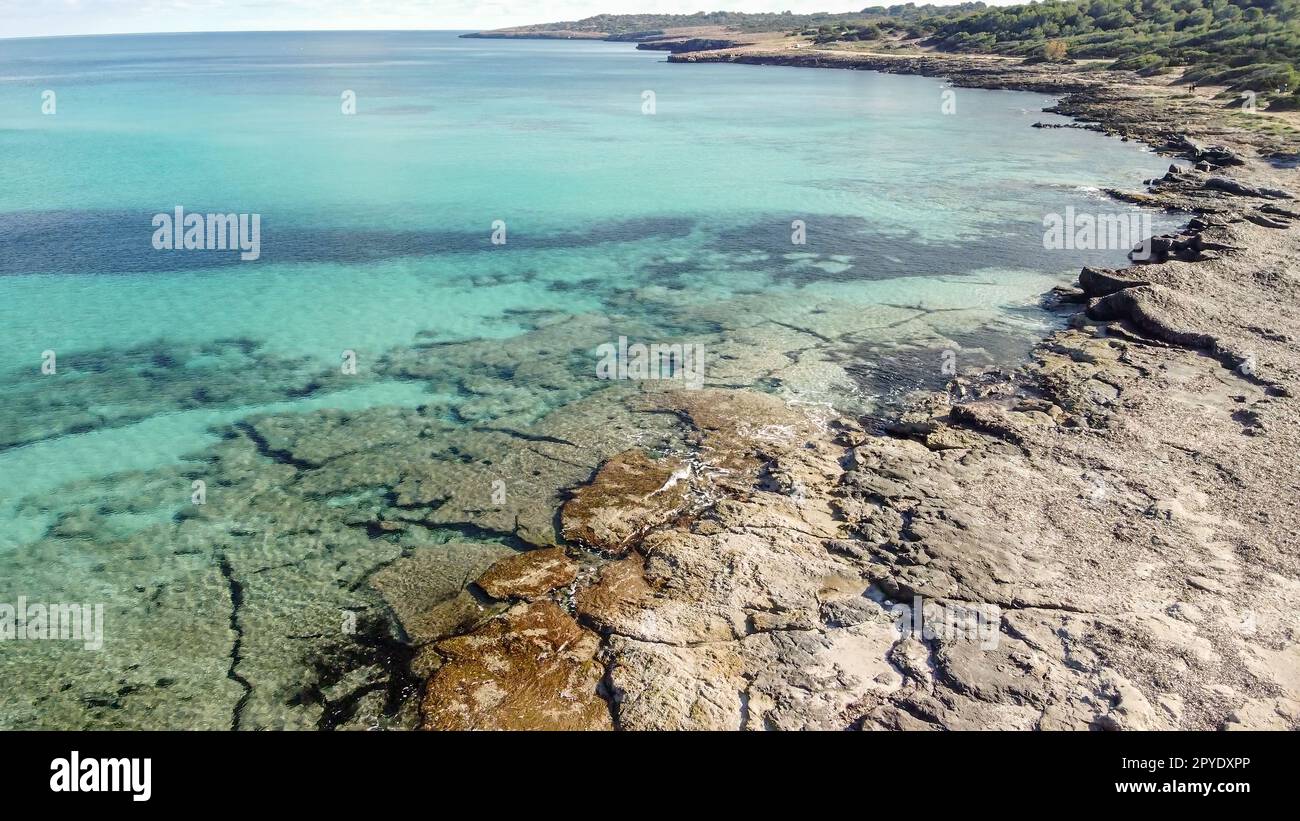 aerial view natural paradise beach in the mediterranean, Calamillor, Majorca, Balearic Islands Stock Photo