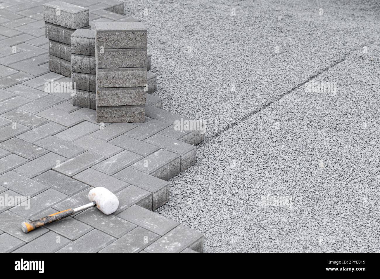 new sidewalk made of concrete interlocking paving blocks Stock Photo