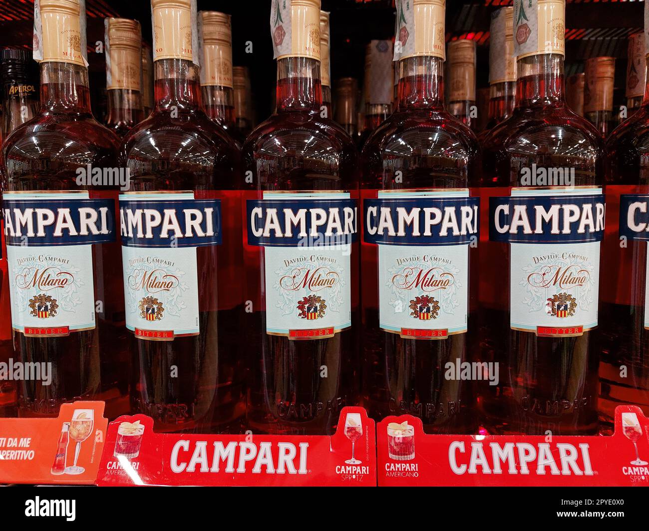 Campari bottles in a supermarket Stock Photo