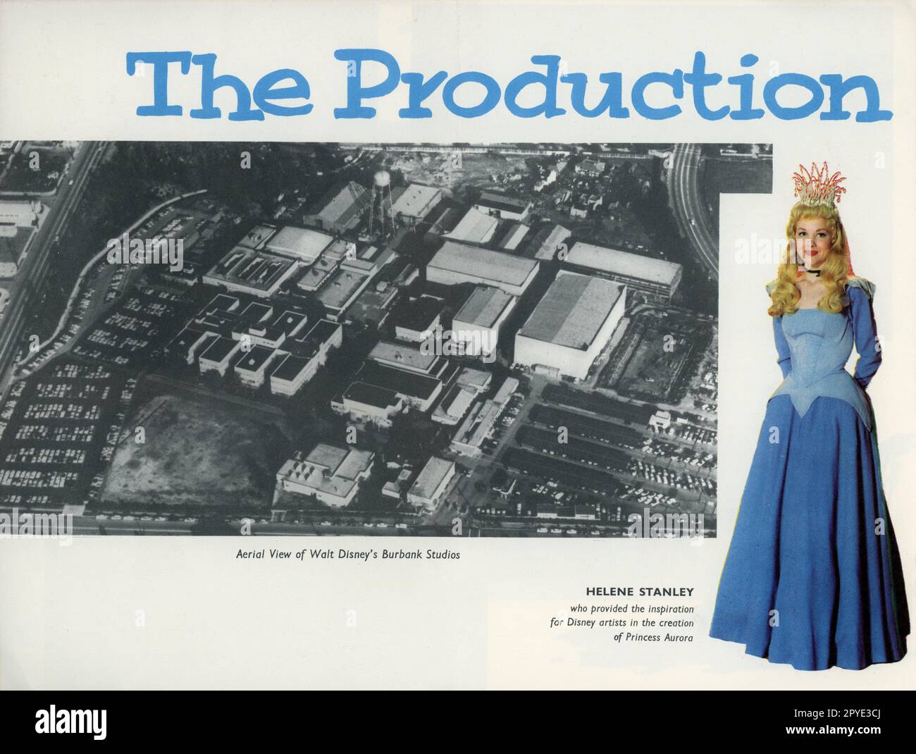Walt Disney Burbank Studios aerial view and HELENE STANLEY as the live action model for Princess Aurora in WALT DISNEY'S SLEEPING BEAUTY 1959 supervising director CLYDE GERONIMI story Charles Perrault songs and score adapted from the ballet music by Tchaikovsky Walt Disney Productions Stock Photo