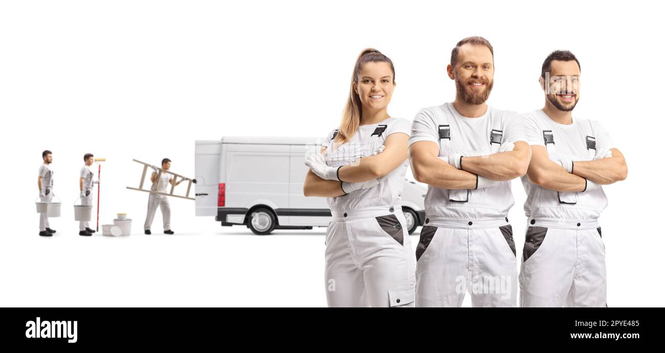 Team of professional painters with a white van isolated on white background Stock Photo