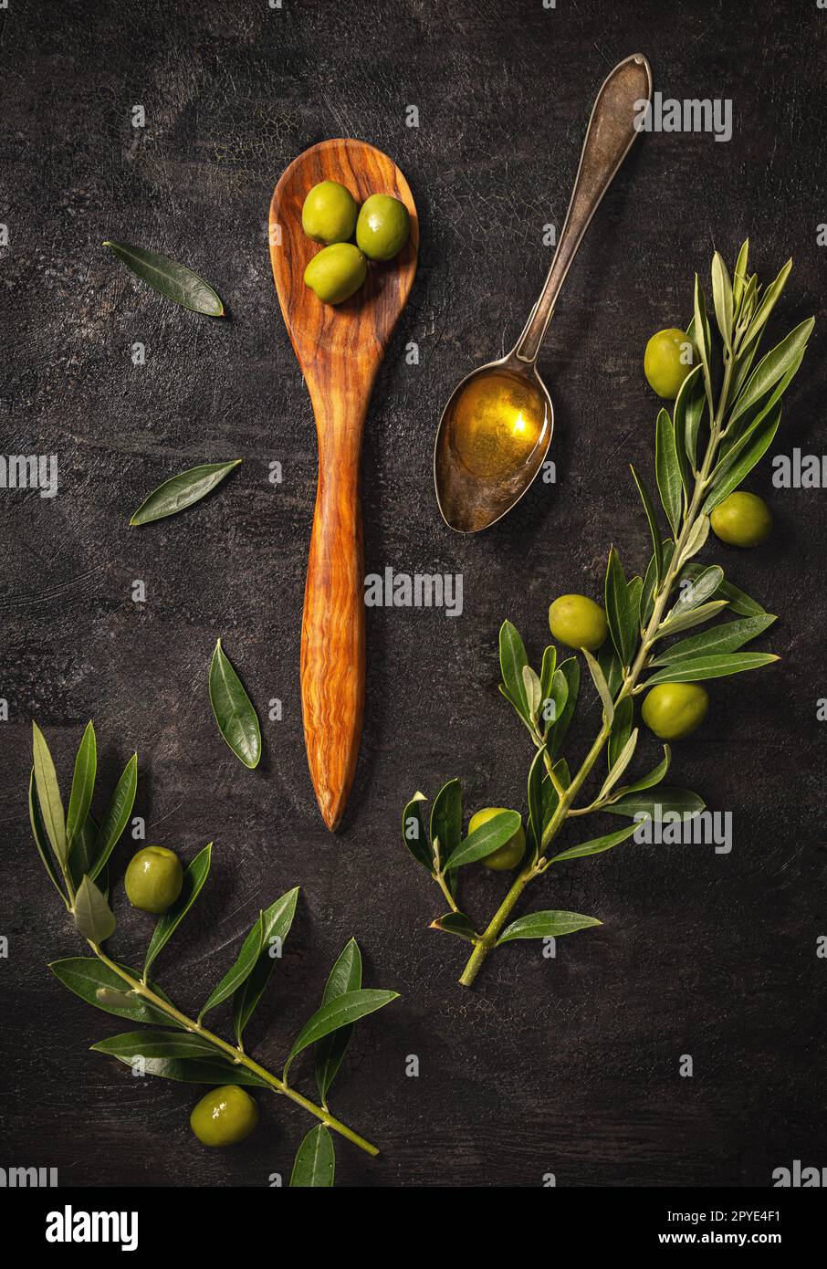 Flat lay of olive branch Stock Photo