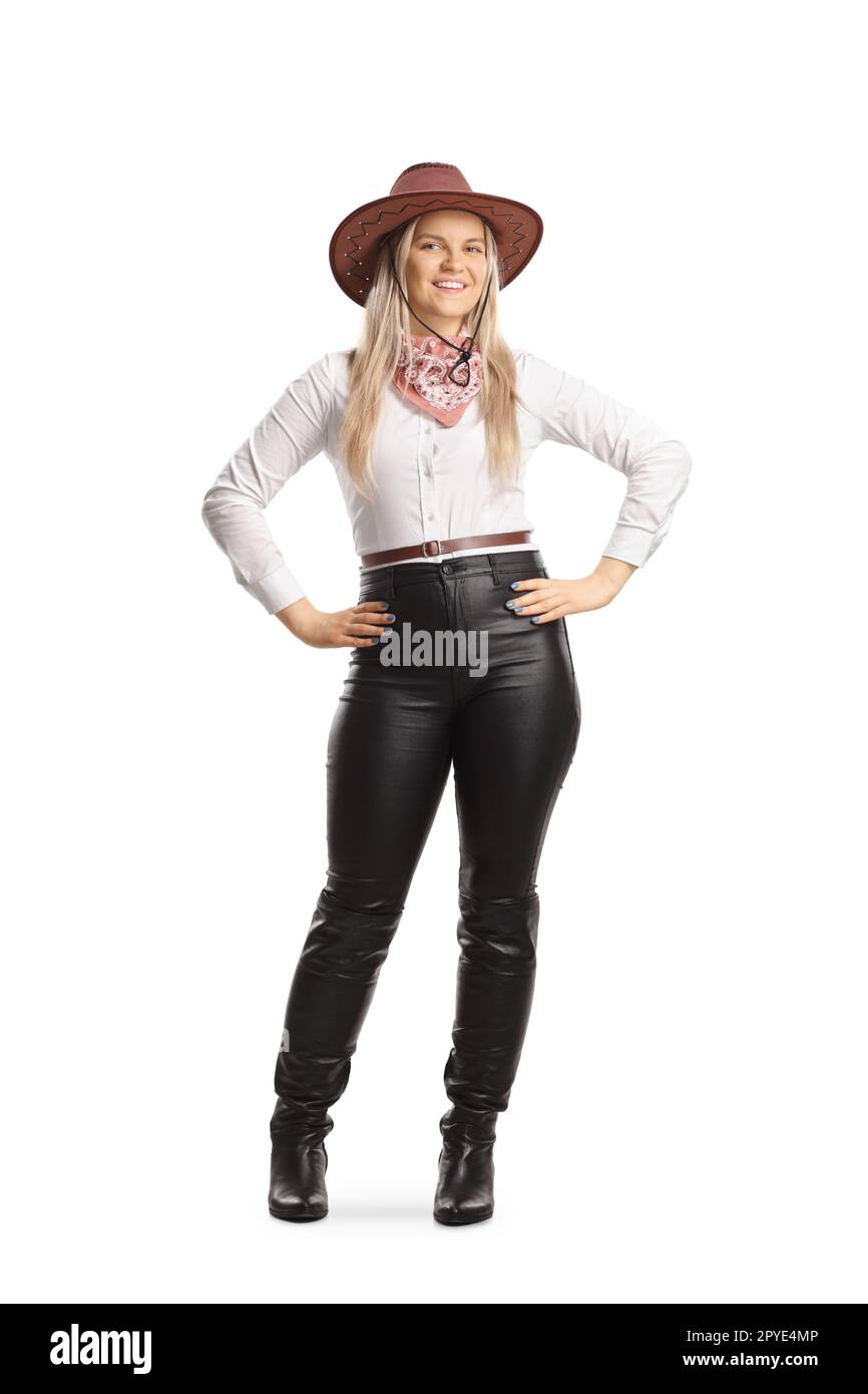 Young woman in leather pants and a cowboy hat isolated on white background  Stock Photo - Alamy