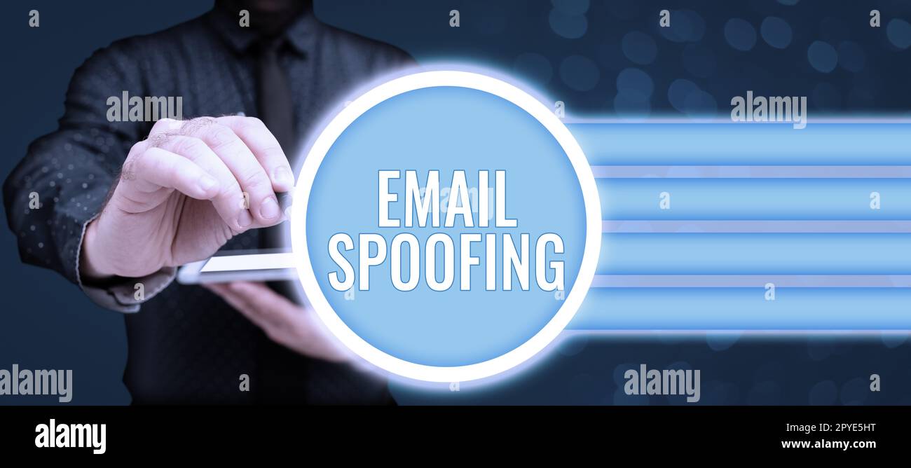 Conceptual caption Email Spoofing. Business concept secure the access and content of an email account or service Stock Photo