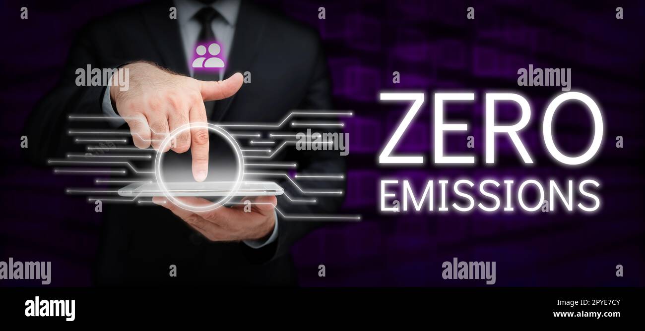 Text sign showing Zero Emissions. Word for emits no waste products that pollute the environment Stock Photo