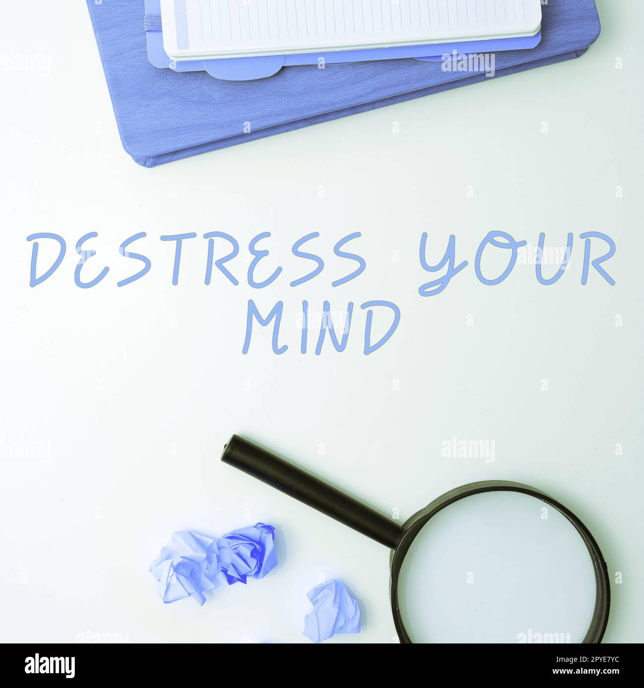 Hand writing sign Destress Your Mind. Word for to release mental tension, lessen stress Stock Photo