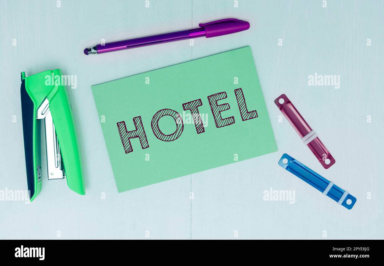 Inspiration showing sign Hotel. Business concept establishment providing accommodation meals services for travellers Stock Photo
