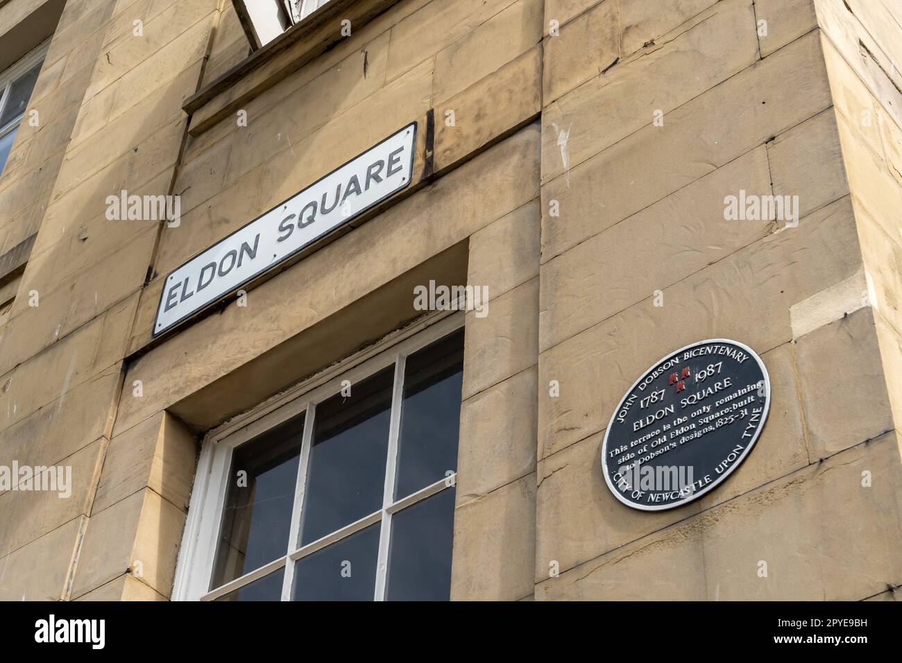 Street sign and heritage plaque at Old Eldon Square in the city of Newcastle upon Tyne, UK Stock Photo