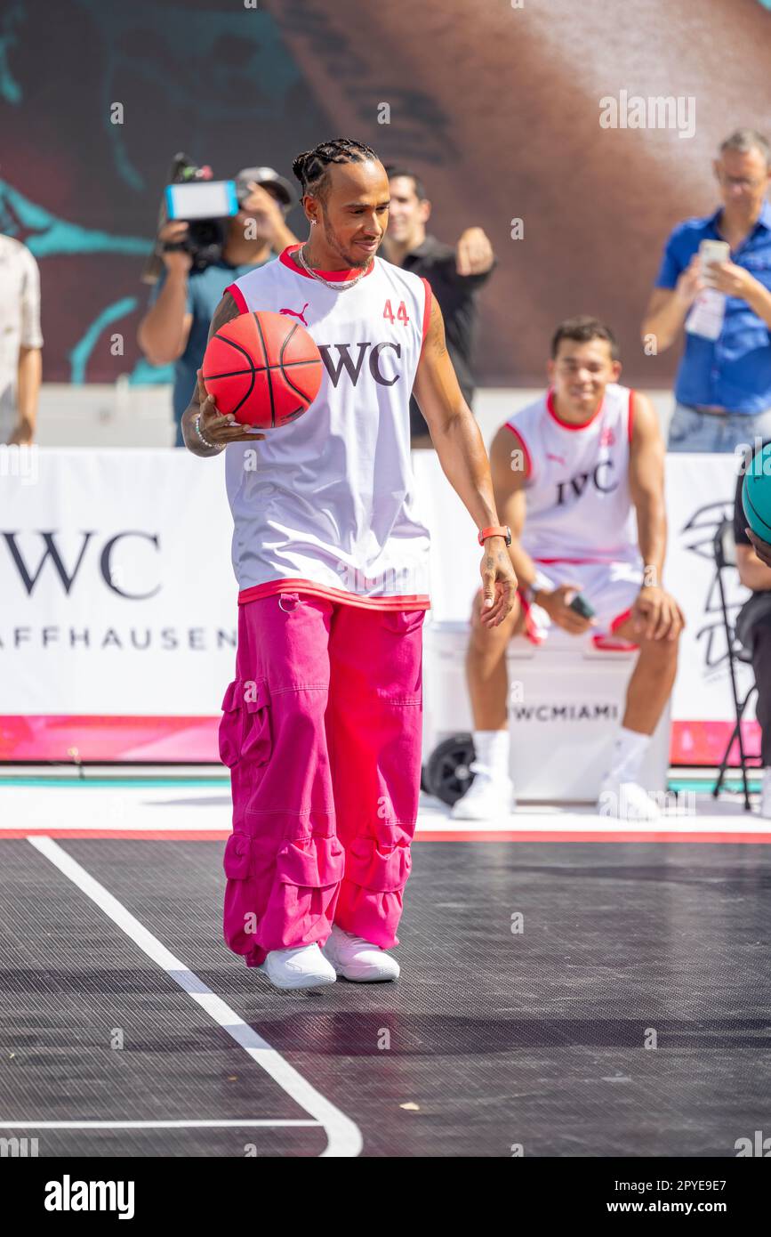 F1 car driver Lewis Hamilton attends a celebrity basketball tournament during the F1 Miami Grand Prix organized by the watchmaker IWX at the MDS Stock Photo