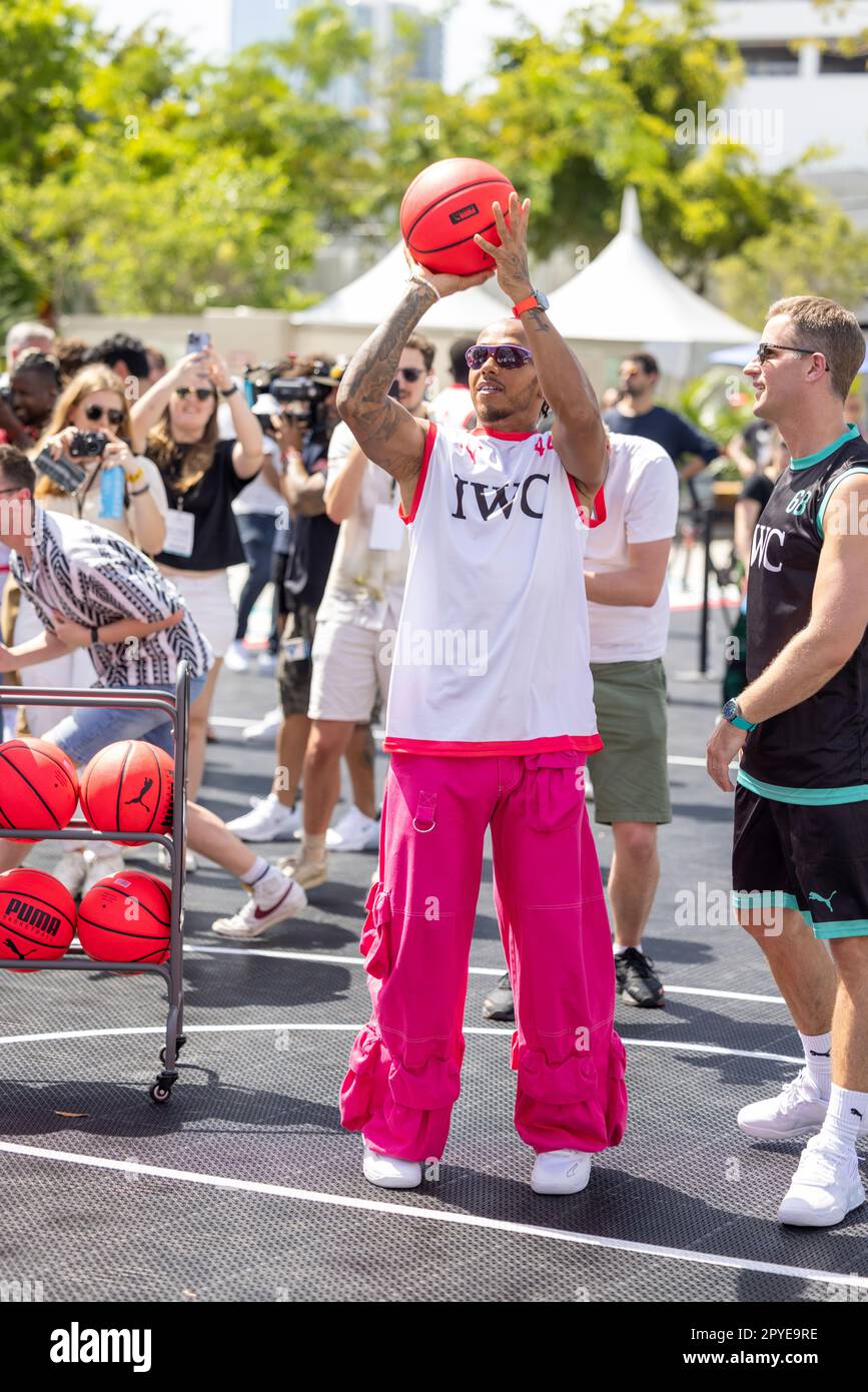 F1 car driver Lewis Hamilton attends a celebrity basketball tournament during the F1 Miami Grand Prix organized by the watchmaker IWX at the MDS Stock Photo
